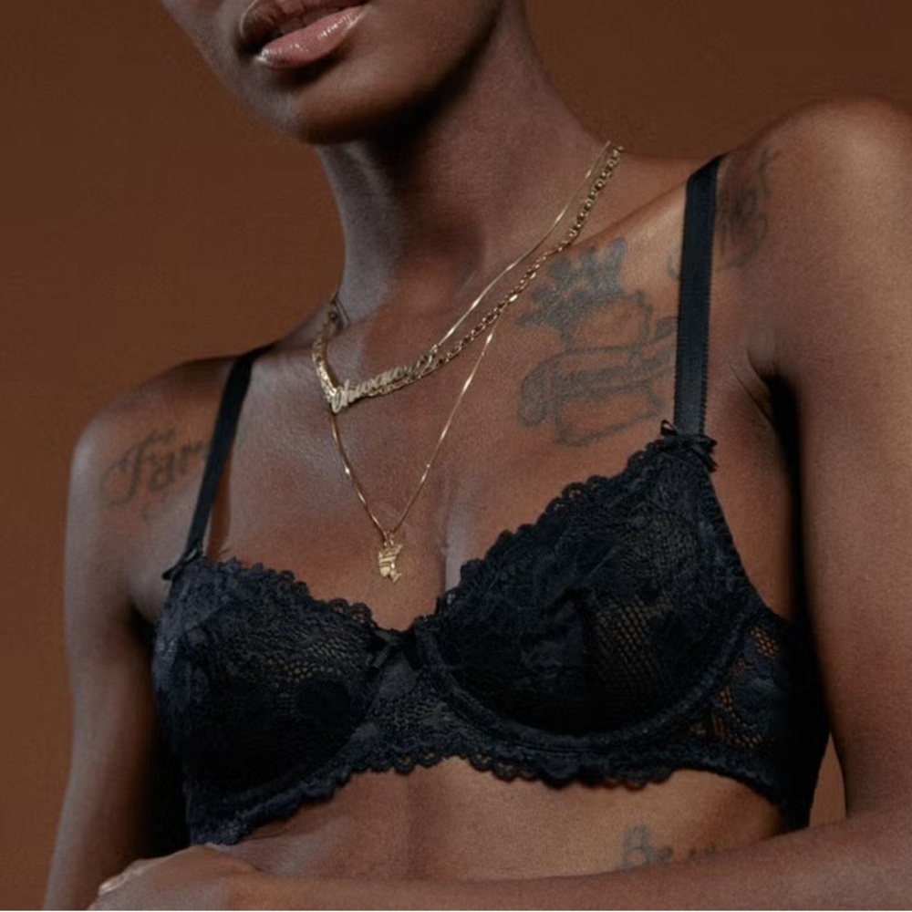 Savage x Fenty Black Lace Unlined Underwire Bow Bra Black